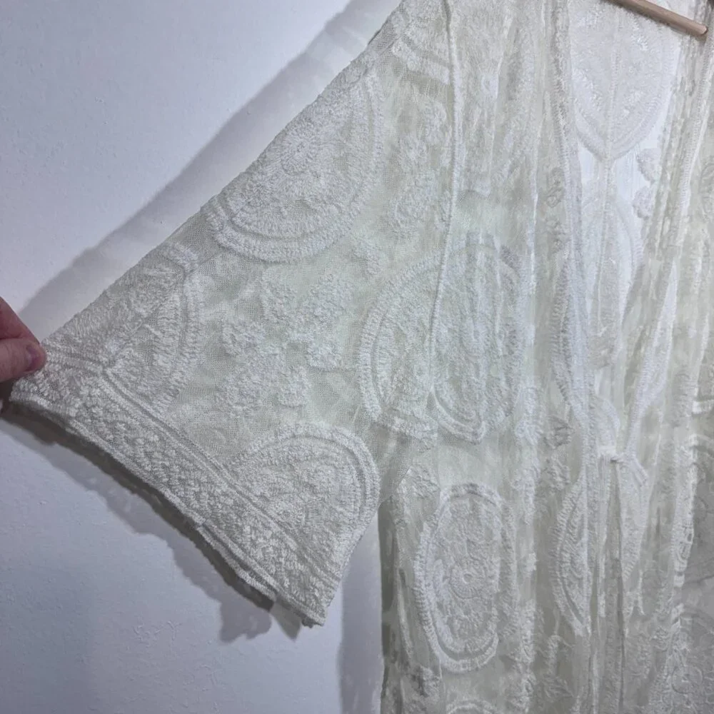 Womens White Lace Long Line Cardigan One Size Fairycore Boho Romantic - Picture 2 of 4